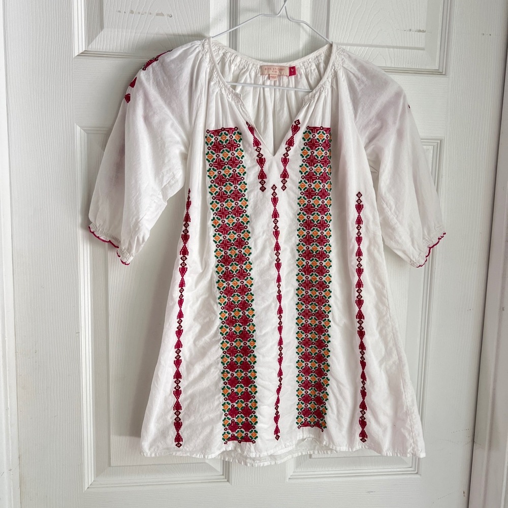 Disney Fairies Tunic Dress Girls 12 White Embroidered Polka Dot Boho Pixie Top